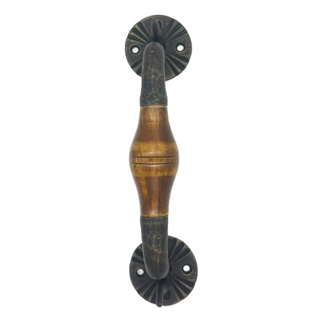 Hand-Forged Wrought Iron Door Pull (Wood Grip & Gold Patina) Deep Curved Entry Hardware For Sale