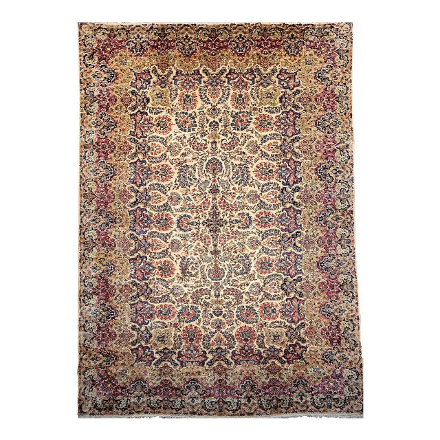 Vintage Oversized Persian Kerman Rug, Hand-Knotted Wool, Allover Floral Pattern, Ivory & Red, 11’ X 18’ For Sale