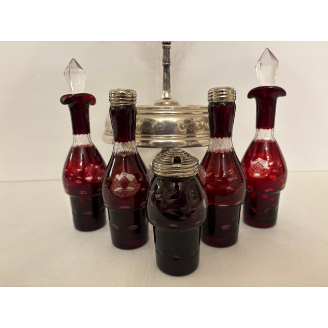 Victorian Late 19th Century Victorian Ruby Red Glass Cruet Caster Set With Silver-Plated Rotating Stand - 6 pcs For Sale - Image 3 of 6