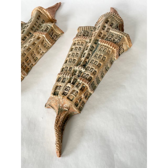 Rare Pair of Aldo Moroni Fanciful Contemporary Porcelain Building Wall Sculptures For Sale - Image 4 of 12