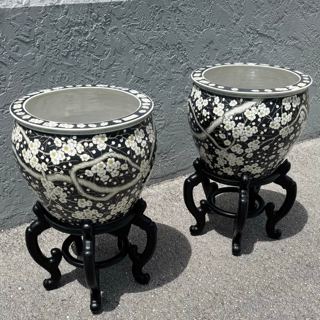 Mid 20th Century Vintage Chinese Hand Painted Floor Vases/Fish Bowls on Wooden Stands - A Pair For Sale - Image 5 of 9