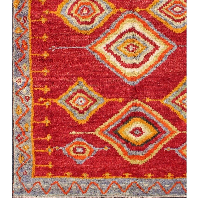 Red Tribal Turkish Konya Rug With Diamond Design in Beautiful Royal Red Background For Sale - Image 8 of 13
