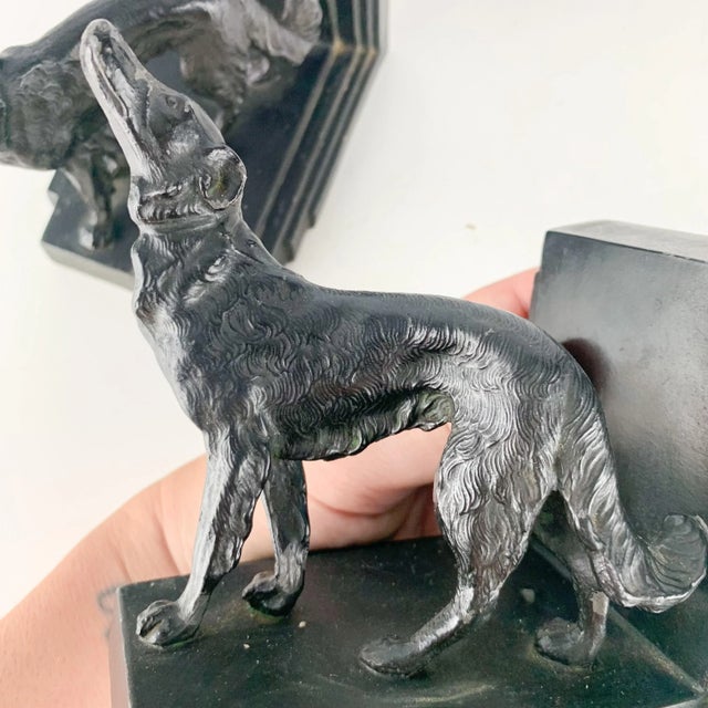 Art Deco Vintage Pair Cast Metal Borzoi Ronson Black Dog Figure Bookends Art Deco Bronze For Sale - Image 3 of 12