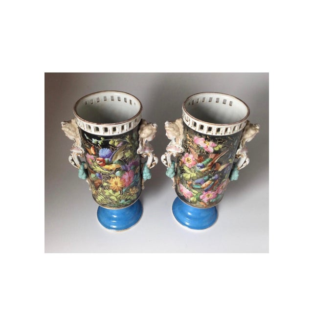 Beautiful Large 16 Inch Pair Antique French Porcelain Urns or Vases Eclectic Victoria Aesthetic Movement Naturalism Maidenhead Handles For Sale - Image 10 of 11