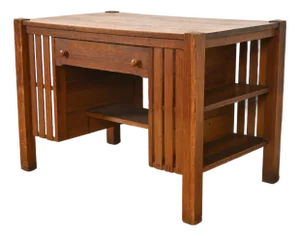 Stickley Brothers Style Antique Mission Oak Arts & Crafts Desk With Built-in Bookcases, Circa 1900