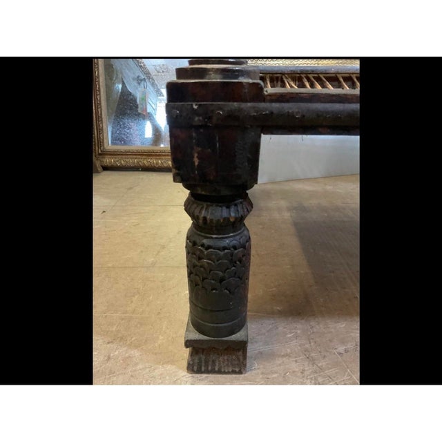 Wood Antique Indian Hand Carved Bronze-Inlaid Wooden Low Pidda Chair For Sale - Image 7 of 9