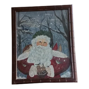 Vintage Large Heartwarming Painting of Kind Santa in Snowy Woods With Birds , Signed and Dated