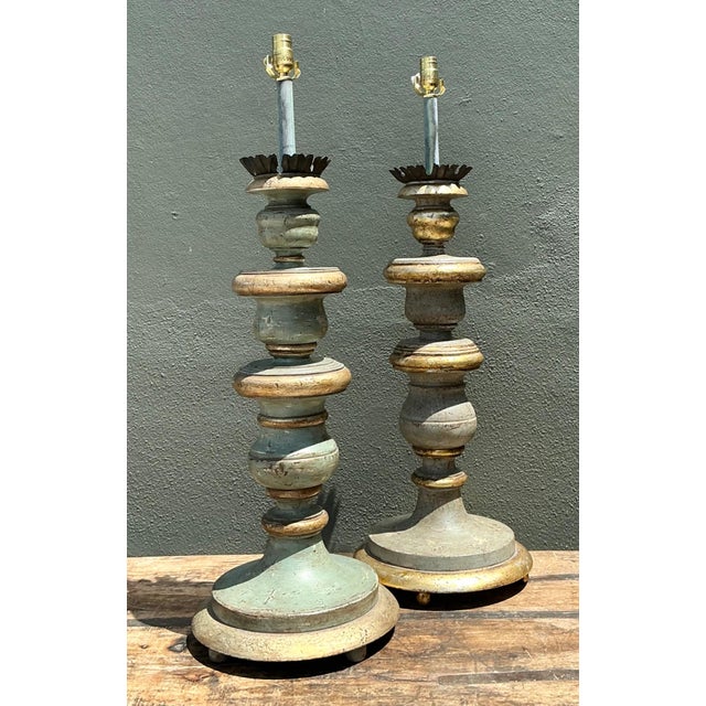 Vintage Italian Gilt Tipped Turned Wood Lamps - Pair For Sale - Image 17 of 17