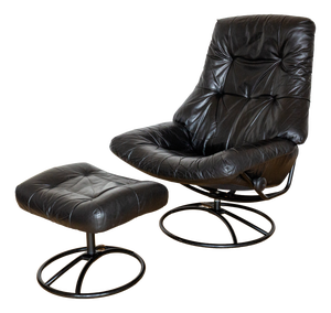 Mid-Century Norwegian Black Leather Stressless Lounge Chair and Ottoman Set from Ekornes, 1980s, Set of 2
