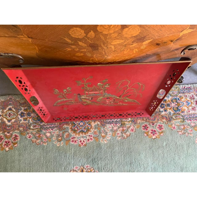 Vintage Red Hand Painted Chinoiserie Tole Tray For Sale In Seattle - Image 6 of 12