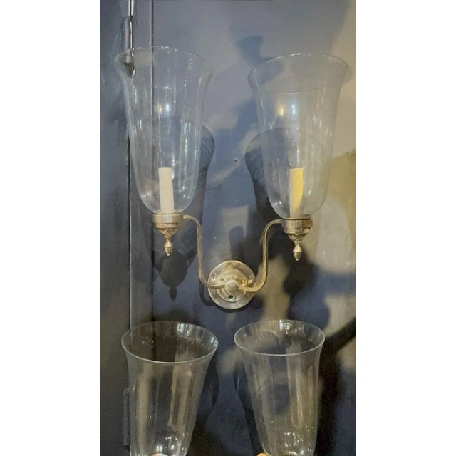 1910 Silver Plate Bronze and Hurricane Glass Sconces Two Lights - a Pair For Sale - Image 4 of 6