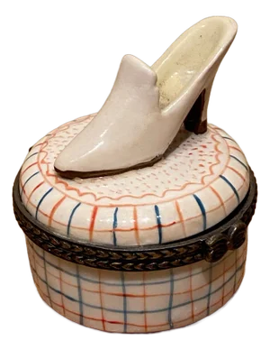 Vintage Hand Painted Ladies Porcelain Shoe Limoges Hinged Round Trinket Box
