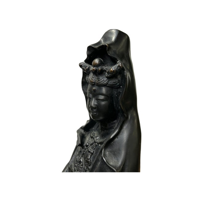Vintage Chinese Black Metal Bodhisattva Kwan Yin Buddha Statue For Sale - Image 11 of 11
