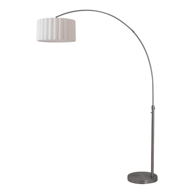 1960s Scallop 92" Arc Floor Lamp - Black Nickel Finish, White Linen Shade, Modern Style For Sale