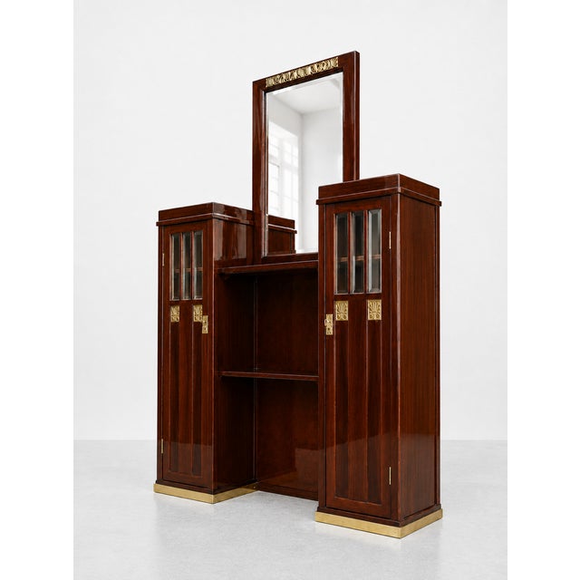 Object: secessionist mirror with glass-fronted display cabinet (likely designed as an entryway piece) design/execution:...