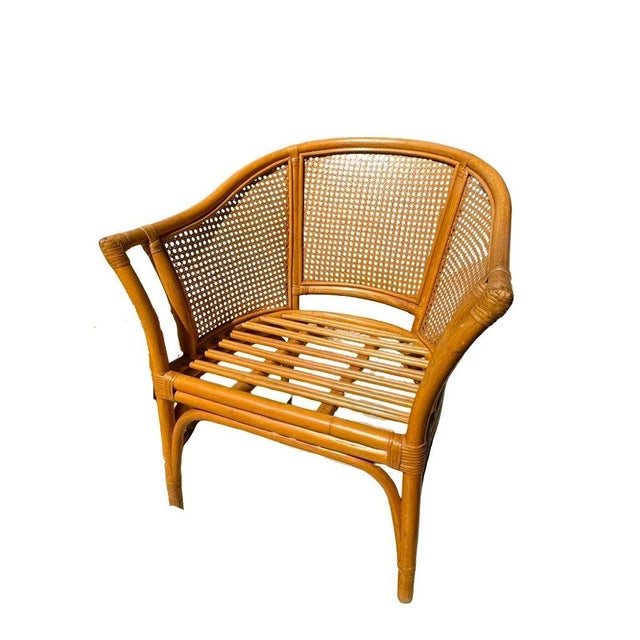 Wood Vintage McGuire Style Rattan & Cane Barrel Back Armchairs, C. 1980s For Sale - Image 7 of 16