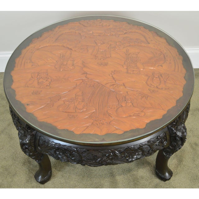 Asian Carved Mixed Woods Round Coffee Table by Lord Co. Chairish