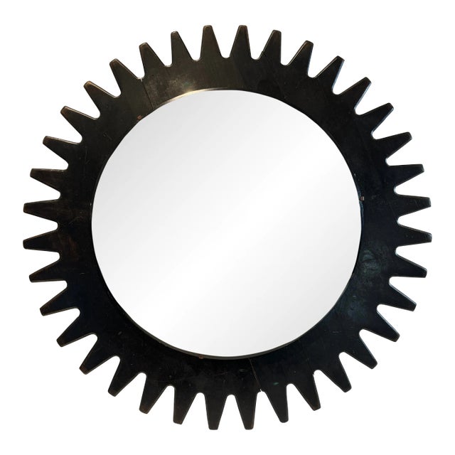 Large Vintage Round BlackWood Gear Convex Mirror For Sale