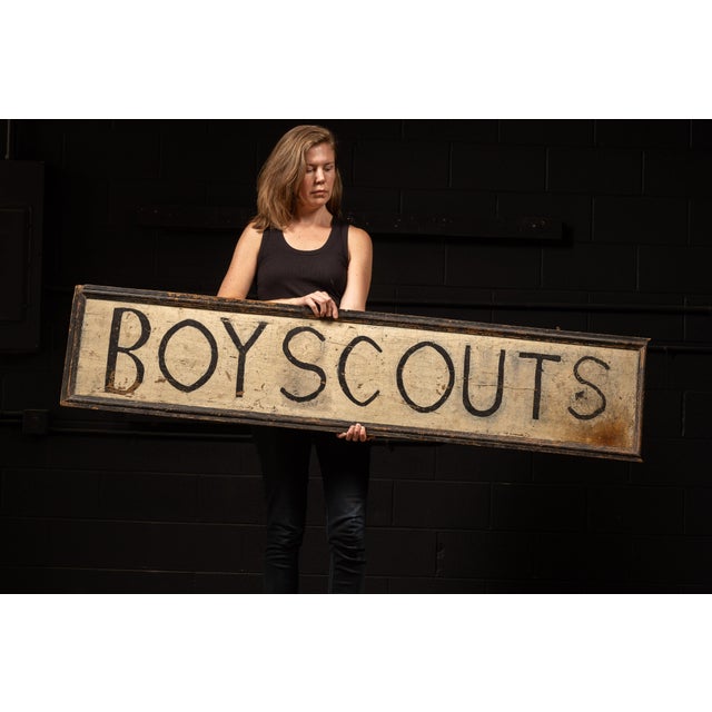 Antique hand-painted "Boyscouts" sign on framed wooden plank. Many Boy Scout troops will make their own signage to display...