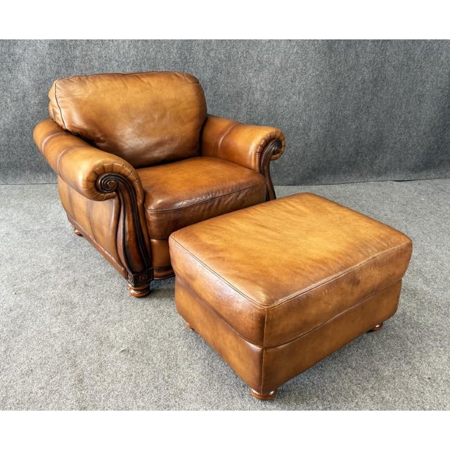 American Brown Leather Club Chair and Ottoman For Sale - Image 3 of 18