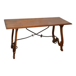 Vintage Spanish Baroque Style Walnut Trestle Library Table Desk For Sale