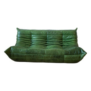 Togo Three-Seater Sofa in Dubai Green Leather by Michel Ducaroy for Ligne Roset For Sale