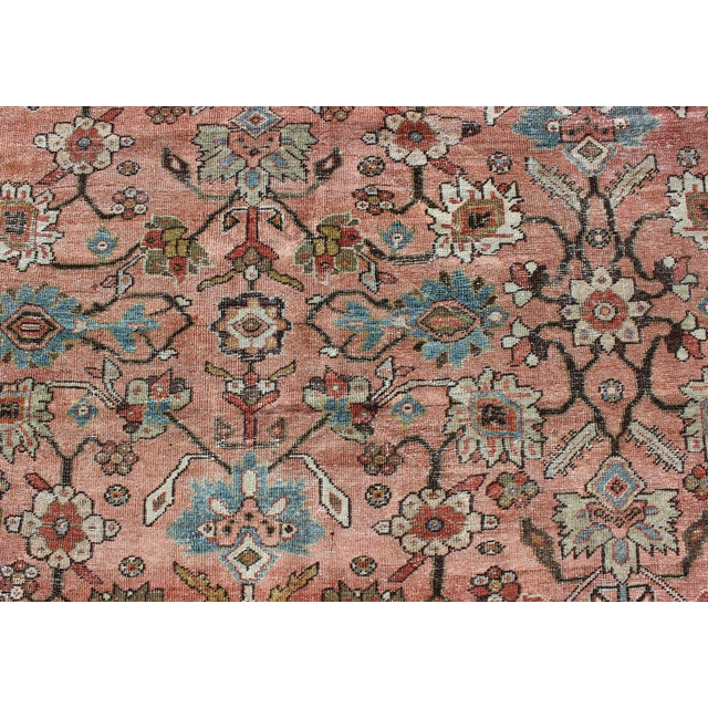 Textile Antique Distressed Persian Sultanabad Rug With Burnt Orange Field, Blue Border 10'0" X 13'0" For Sale - Image 7 of 11