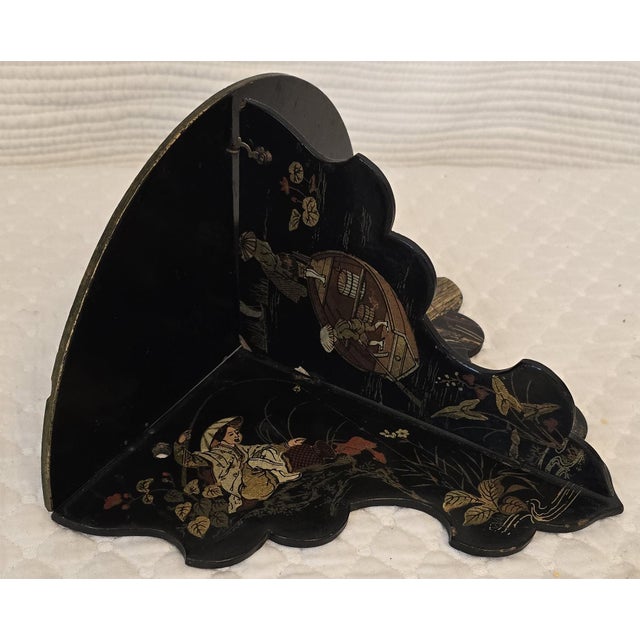 19th Century Chinoiserie Black Lacquer Wall Pocket and Paper Divider Ensemble For Sale - Image 10 of 12