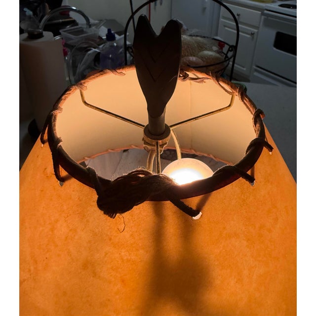 African Vintage Cast Iron Arrow Lamp With Leather/Paper Shade Rare For Sale - Image 3 of 6