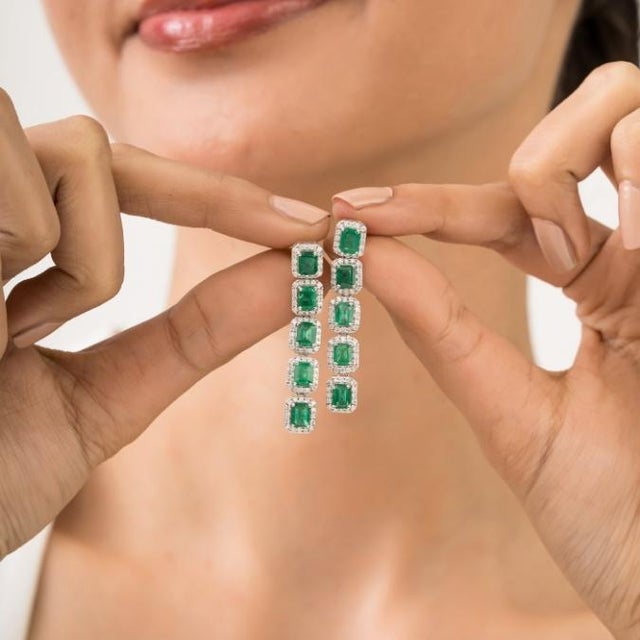 Green 4.07 Ct Emerald Diamond Linear Art Deco Drop Earrings in 14k White Gold- 2 Pieces For Sale - Image 8 of 13