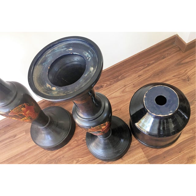 Ceramic Pair of Large Chinoiserie Style Urns or Vases on Pedestals of Glazed Terracotta For Sale - Image 7 of 8