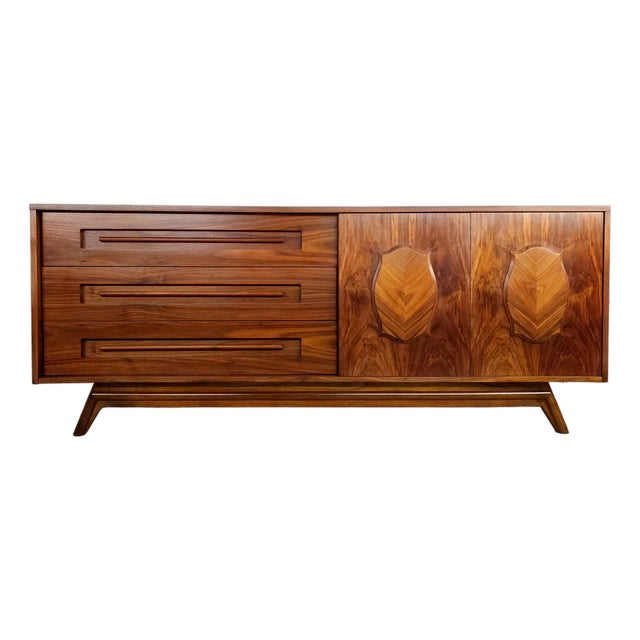 1960s Stately Restored Mid Century Modern Long Dresser Credenza Walnut Young, Attributed For Sale