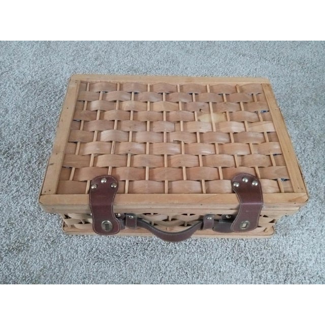 Wood 1980s Pre Owned Woven Wicker & Pine Wood Leather Strap Picnic Basket For Sale - Image 7 of 8