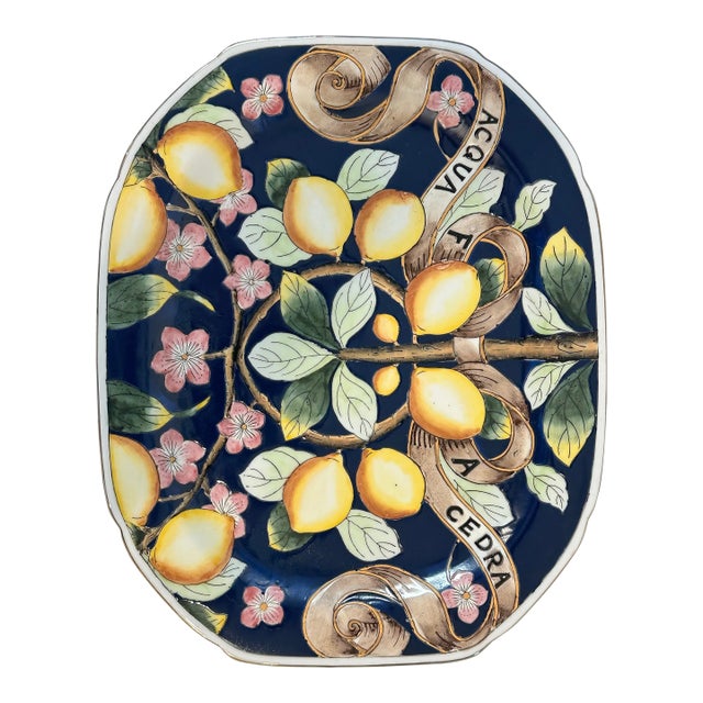 Late 20th Century Majolica Acqua Fa Cedra Raised Relief Lemon Flower Leaves Large Platter For Sale