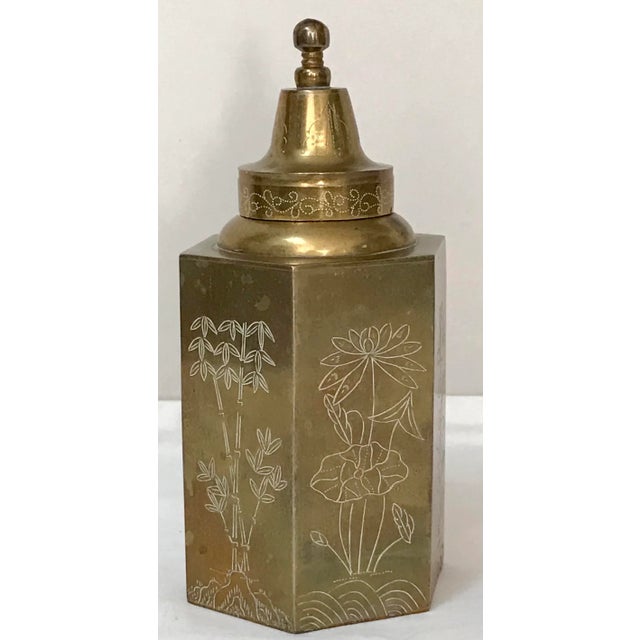 Metal Vintage Chinese Brass Chinoiserie Engraved Tea Caddy For Sale - Image 7 of 7