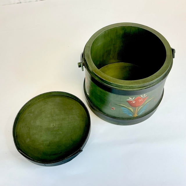 1950s Vintage Gustavian Rustic European Farmhouse Tole Hand Painted Wooden Sap Bucket For Sale - Image 12 of 14