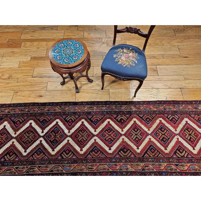Vintage Persian Malayer Runner, Handwoven Rug in Geometric Pattern, Ivory & Red, 3’ X 10’ For Sale - Image 4 of 12