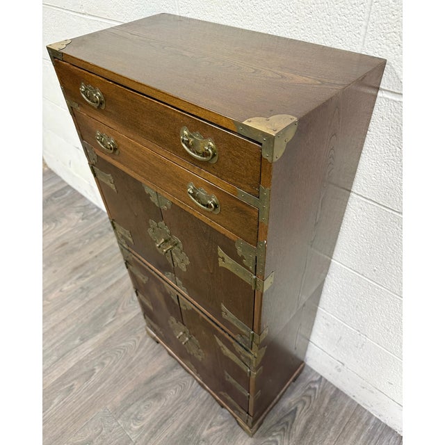 Brown Vintage Japanese Tansu Style Oak and Engraved Brass Cabinet For Sale - Image 8 of 10