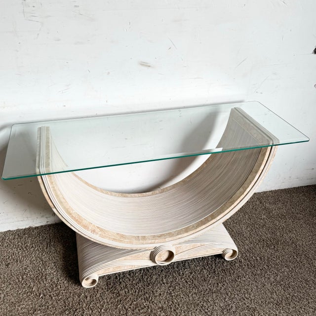 Add a statement piece to your space with this Boho Chic Pink Tessellated Stone and Pencil Reed Ribbon Glass Top Console...