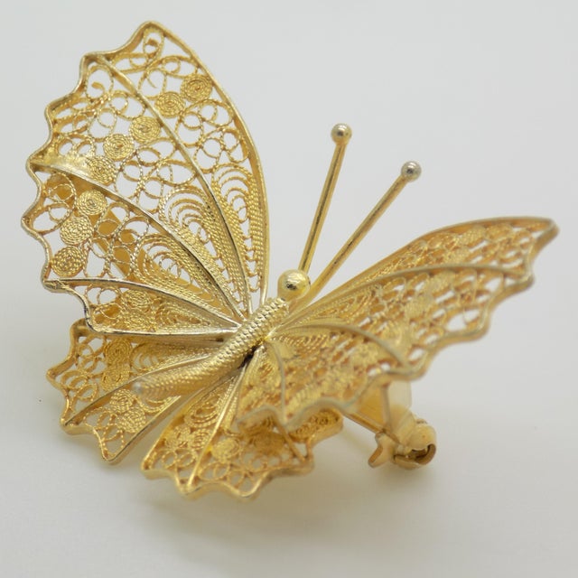 Vintage Italian Gilded Silver 800 Filigree Butterfly Brooch, Genoa, 1970s For Sale - Image 11 of 11