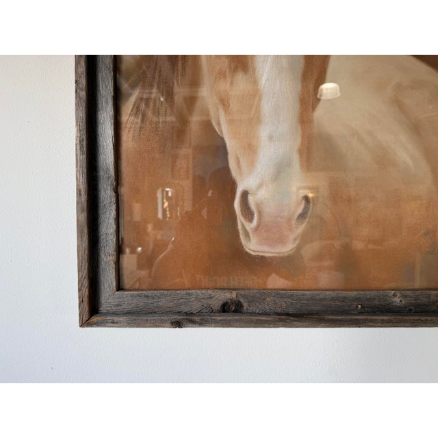 Wood 1980s Rich Maxey Oil Pastel Horse Portrait Painting in Rustic Wood Frame, Signed For Sale - Image 7 of 12