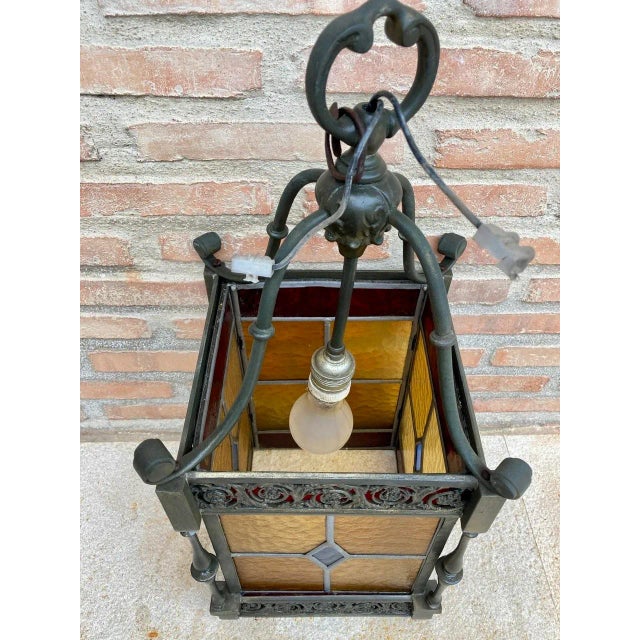 Copper Wrought Iron and Stained Glass Ceiling Lantern Lamp , 1950s For Sale - Image 8 of 11
