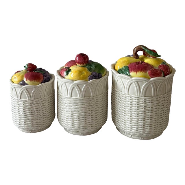 Set of 3 Vintage Canisters With Fruit Basket Design Made by Otagiri For Sale