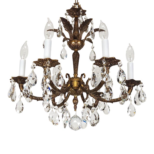 Antique 6 Arm 6 Light Svelte Shimmering Brass Cut Lead Glass Crystal Chandelier For Sale
