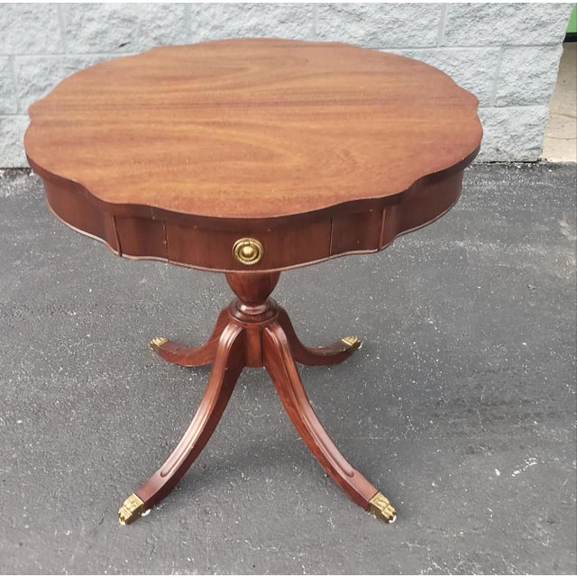 Refinished Mid-Century Mahogany Single Drawer QuadPod Pedestal Drum Table For Sale - Image 9 of 9