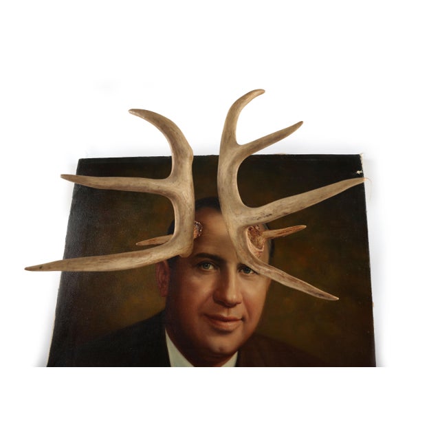 1960s 1960's Original Painting of a Businessman Altered With Antlers For Sale - Image 5 of 13