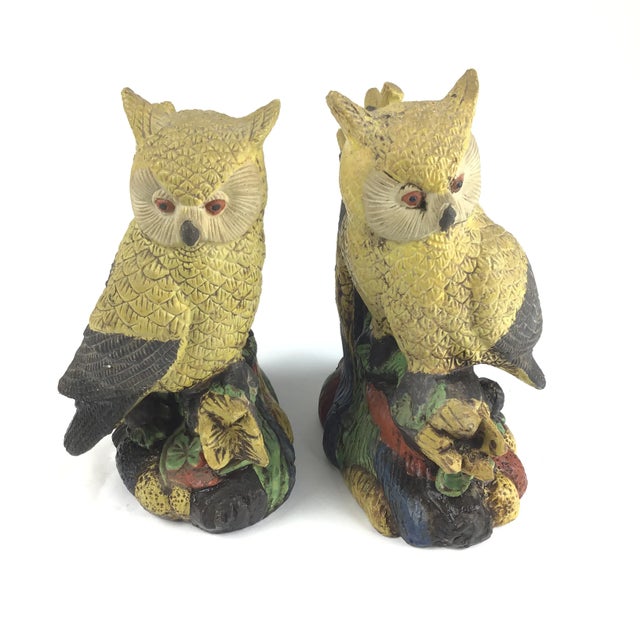 Mid-Century Modern 1950s Yellow Painted Mid Century Clay Owls - a Pair For Sale - Image 3 of 12