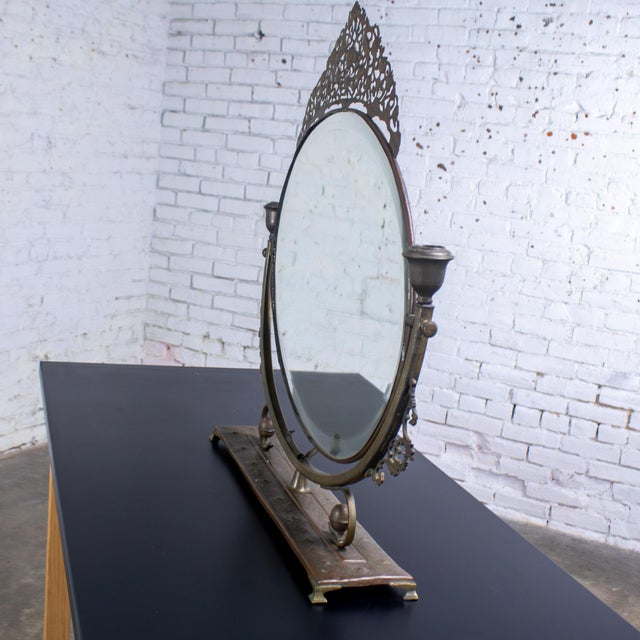 Late 19th to Early 20th Century Art Nouveau Tabletop Metal Vanity Oval Beveled Mirror W/Candle Holders For Sale - Image 14 of 18