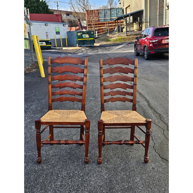 Late 20th Century Set of Six English Oak Faux Bamboo Mahogany Six-Splat Ladder Back Chairs With Rush Seats For Sale - Image 13 of 13