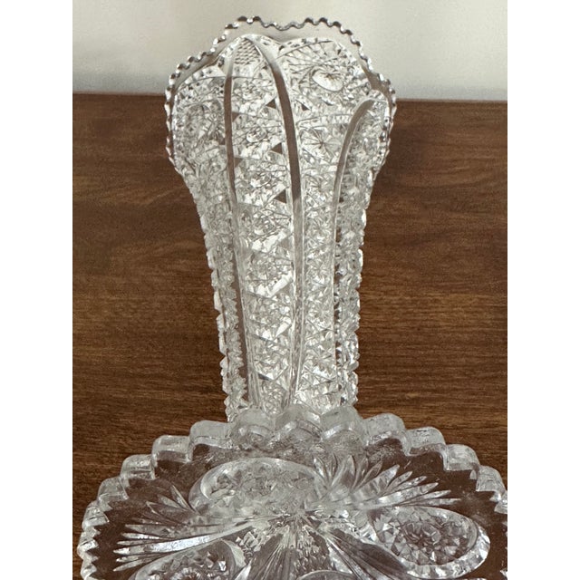 Pair of Vintage Clear Glass Trumpet Vases, Daisy & Button Pattern, Mid Century Pressed Glass Decor For Sale - Image 9 of 10